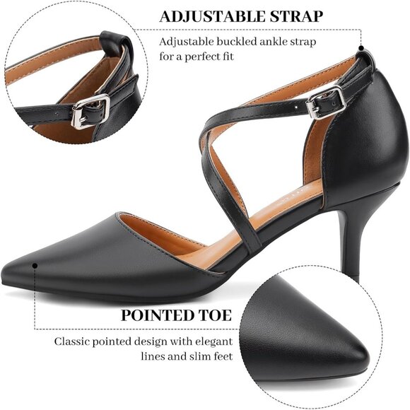 Women's Black Polyurethane Closed Pointed Toe Cross Strap Low Kitten Heel Pumps - Picture 3 of 6